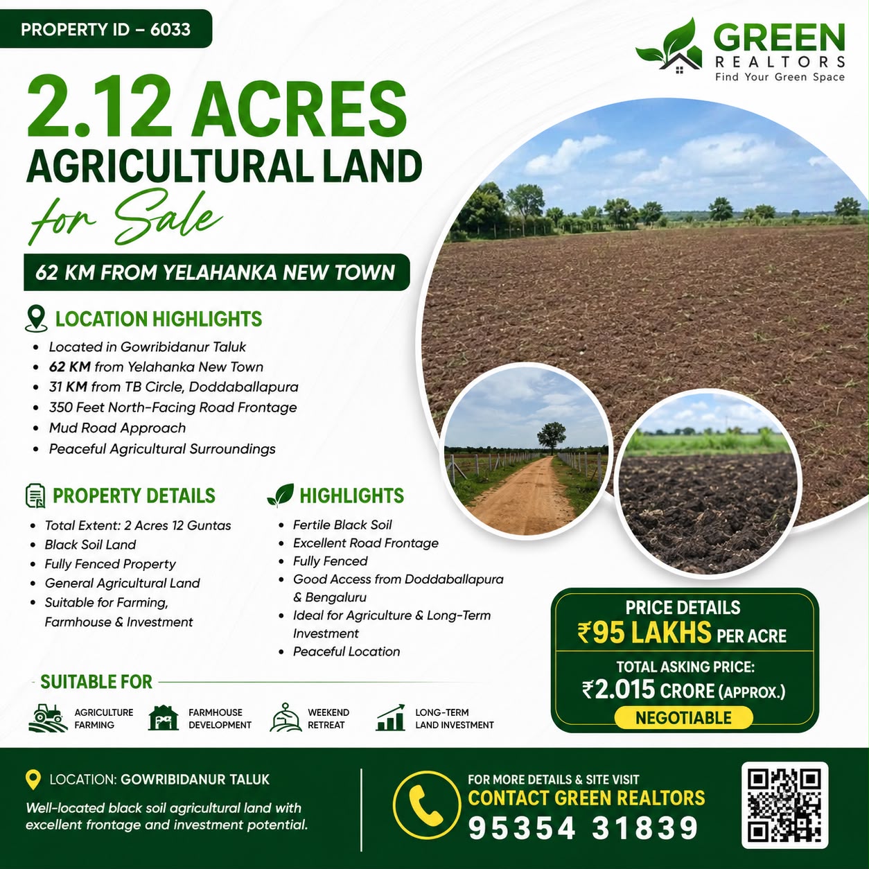 🆔 *PROPERTY ID – 6033* 🌾 *2.12 Acres Agricultural Land for Sale* – *62 km from *Yelahanka new town